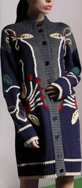 Long Embroidered Wool Knit Cardigan Sweater