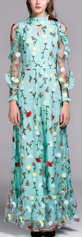 Long Floral-Embroidery Ruffle Gown in Turquoise