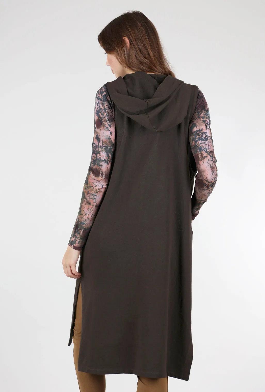 Long Hooded Zip-Up Vest, Cocoa Brown