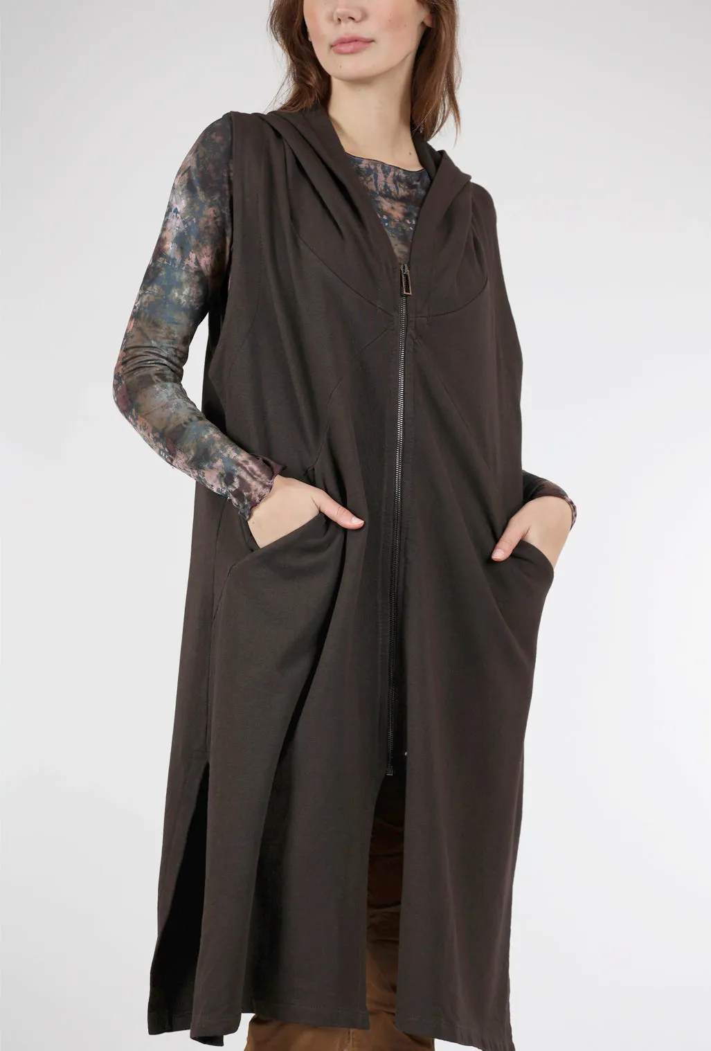 Long Hooded Zip-Up Vest, Cocoa Brown