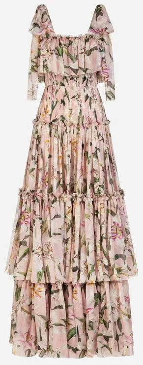 Long Lily Print Chiffon Dress