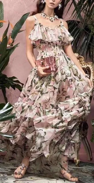Long Lily Print Chiffon Dress