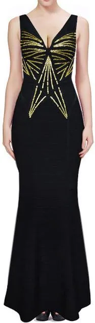 Long Sequin Embellished Sleeveless V-Neck Bandage Gown-Black