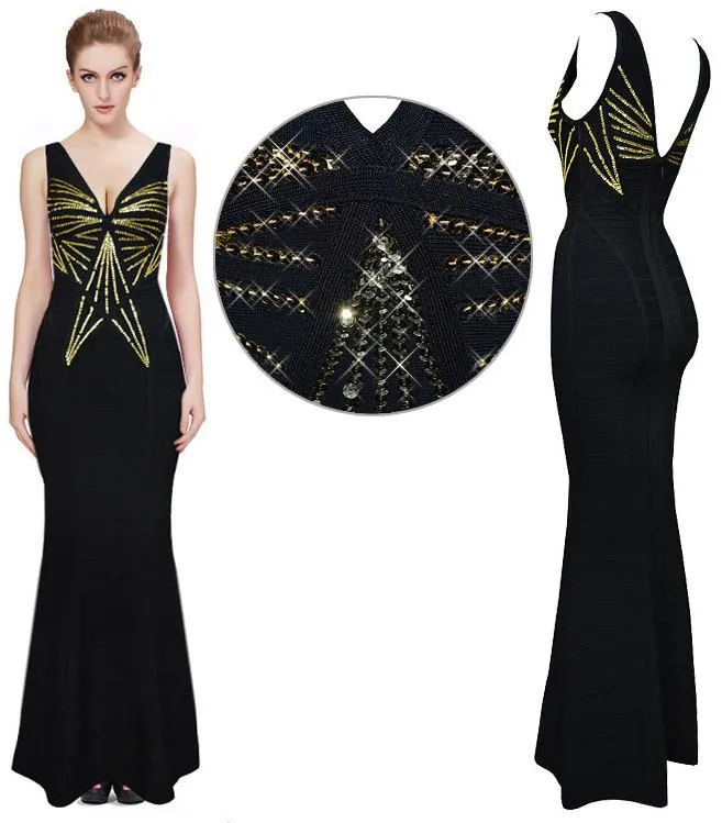 Long Sequin Embellished Sleeveless V-Neck Bandage Gown-Black