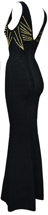 Long Sequin Embellished Sleeveless V-Neck Bandage Gown-Black