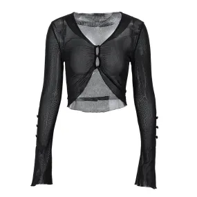 Long Sleeve Mesh Cutout Buttoned Top