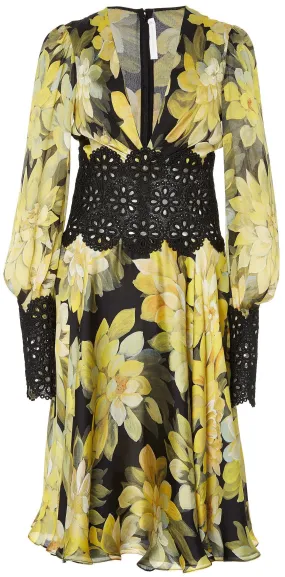 Long-Sleeve V-Sleeve Floral Print Dress