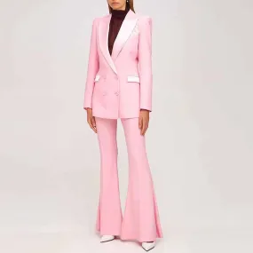 Long Sleeves Pink Blazer Pantsuits Two Piece Pantsuit Flare Trousers Set