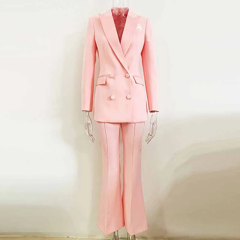 Long Sleeves Pink Blazer Pantsuits Two Piece Pantsuit Flare Trousers Set
