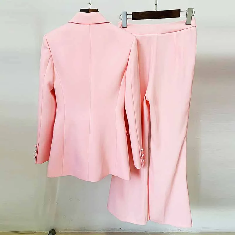Long Sleeves Pink Blazer Pantsuits Two Piece Pantsuit Flare Trousers Set