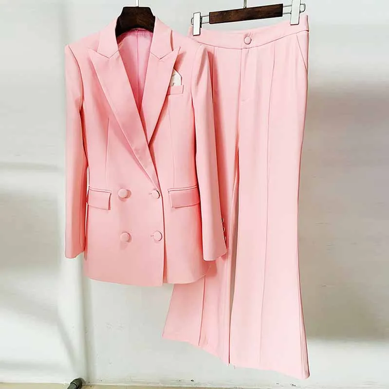 Long Sleeves Pink Blazer Pantsuits Two Piece Pantsuit Flare Trousers Set