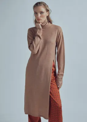 Long sweater with a high collar and slit detail
