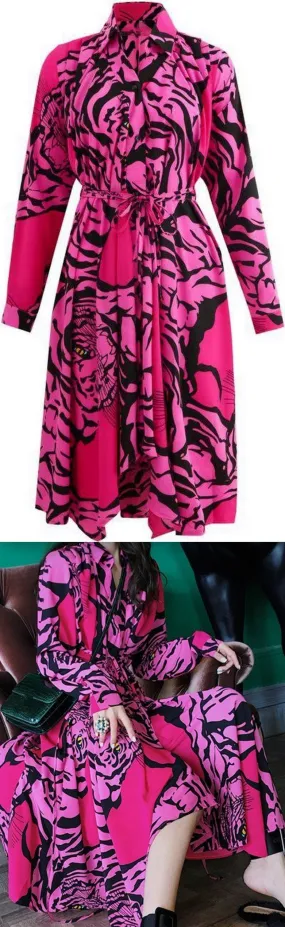 Long Tiger-Printed Chiffon Dress