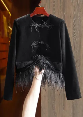 Loose Black Button Tasseled Detachable Patchwork Velour Coats Long Sleeve ML1354