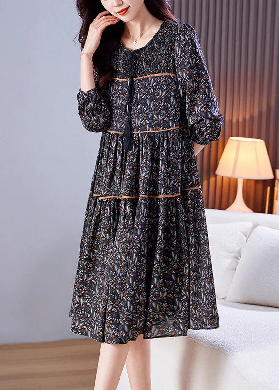Loose Black O-Neck Print Patchwork Wrinkled Chiffon Long Dresses Spring LY6155