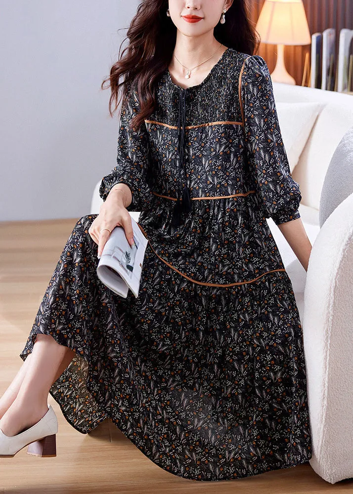 Loose Black O-Neck Print Patchwork Wrinkled Chiffon Long Dresses Spring LY6155