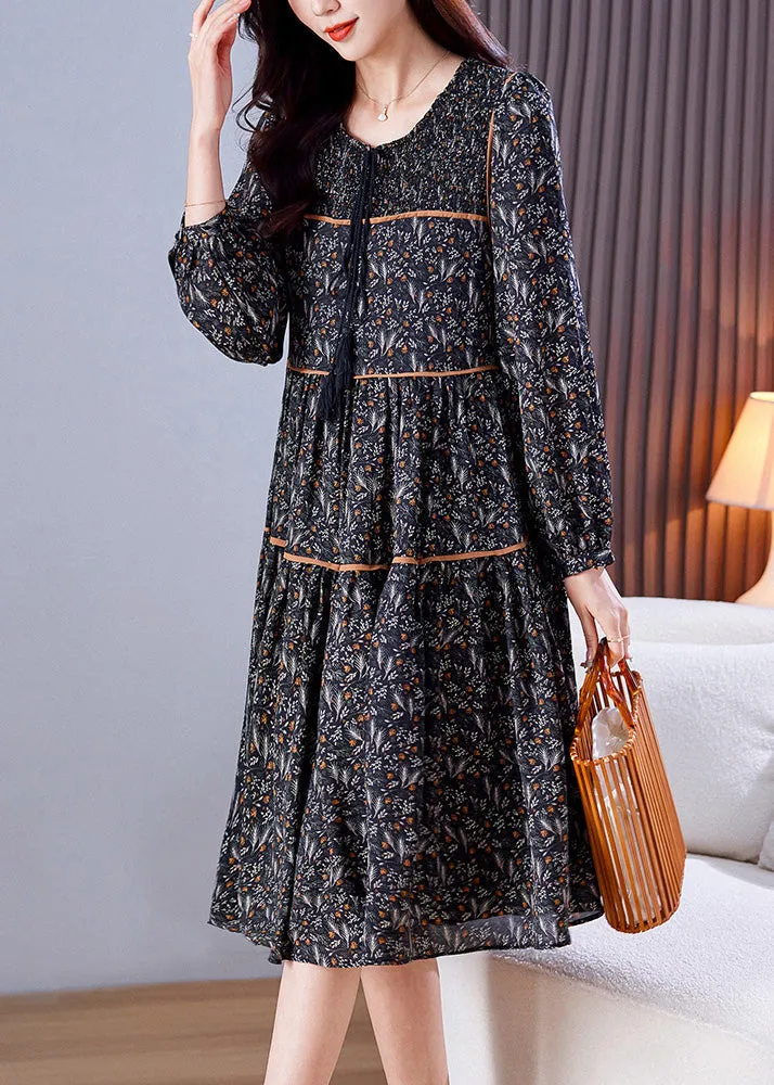 Loose Black O-Neck Print Patchwork Wrinkled Chiffon Long Dresses Spring LY6155