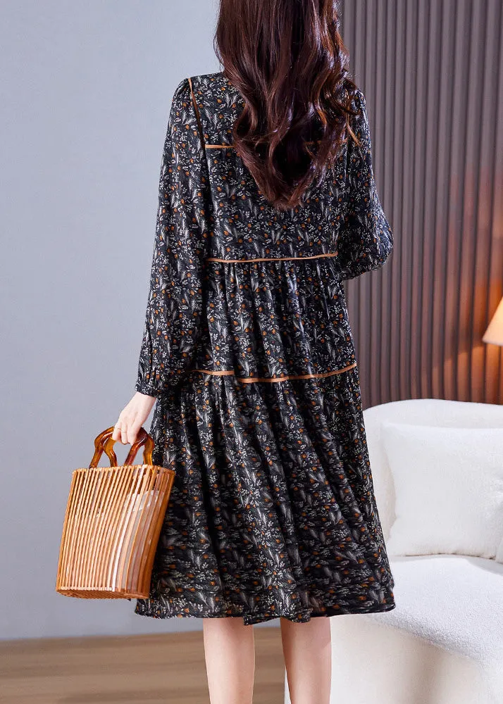 Loose Black O-Neck Print Patchwork Wrinkled Chiffon Long Dresses Spring LY6155