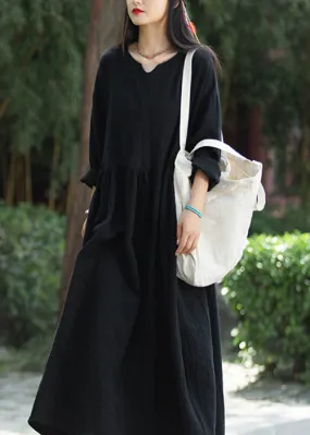 Loose Black Pockets Patchwork Linen Long Dresses Fall ML2365