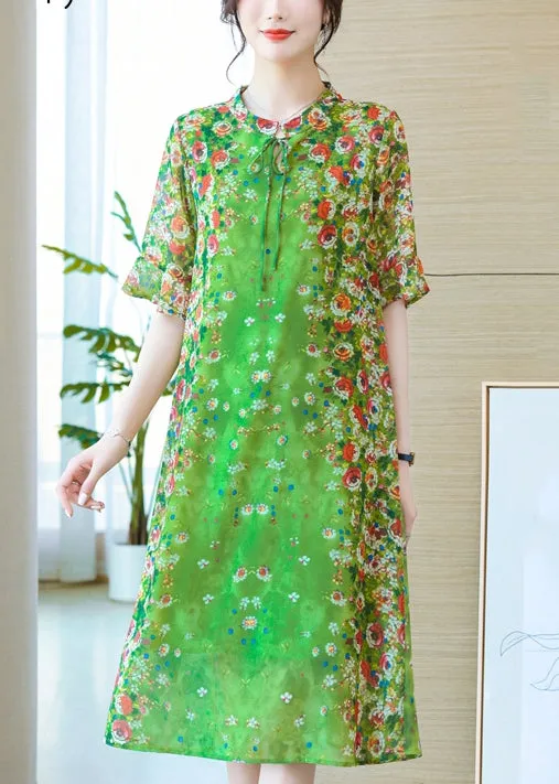Loose Green Lace Up Print Silk Long Dresses Summer OP1012