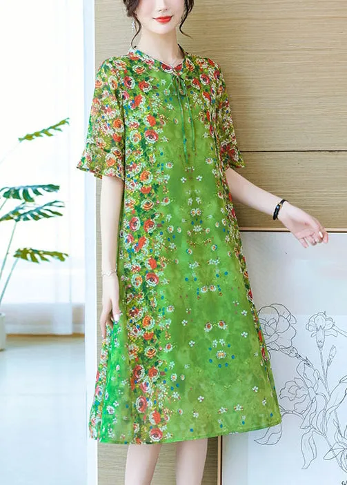 Loose Green Lace Up Print Silk Long Dresses Summer OP1012