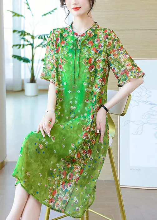 Loose Green Lace Up Print Silk Long Dresses Summer OP1012