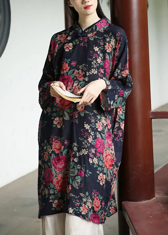 Loose Navy Print Button Patchwork Cotton Dresses Long Sleeve ML0086