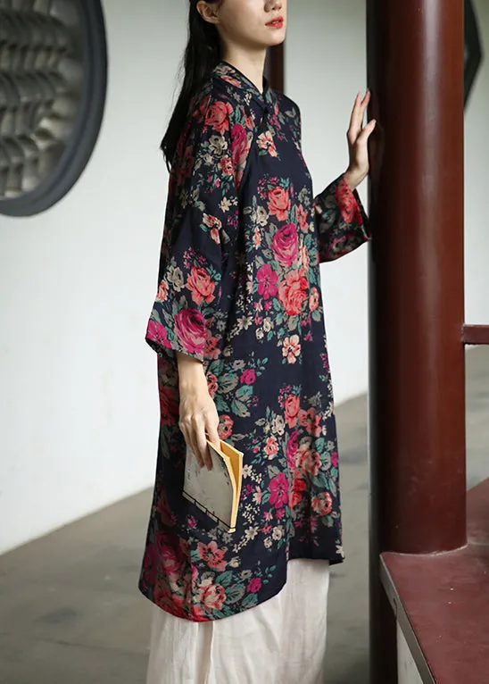 Loose Navy Print Button Patchwork Cotton Dresses Long Sleeve ML0086