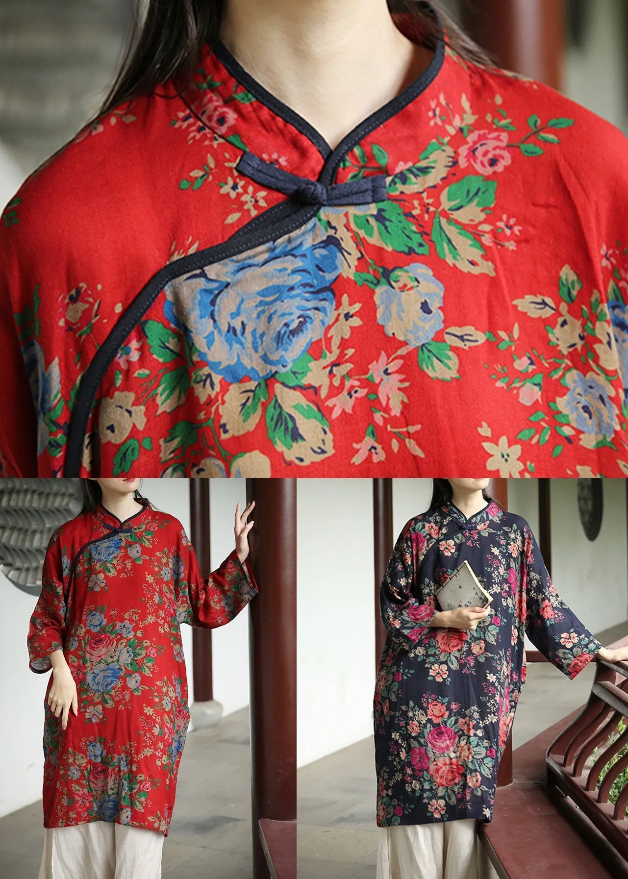 Loose Navy Print Button Patchwork Cotton Dresses Long Sleeve ML0086