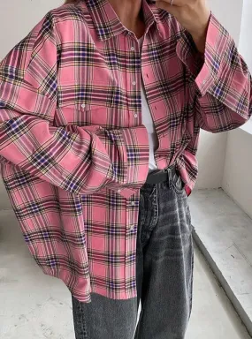 Loose Pink Plaid Shirts And Tops Women Street Wear Gingham Casual Long Sleeve Top Shirts
