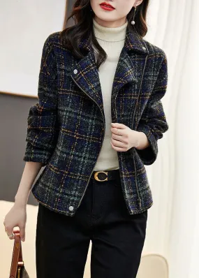 Loose Plaid Zip Up Pockets Patchwork Cotton Coats Long Sleeve LY9638