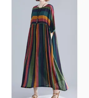 loose Striped Long cotton Batwing Women Spring Dresses