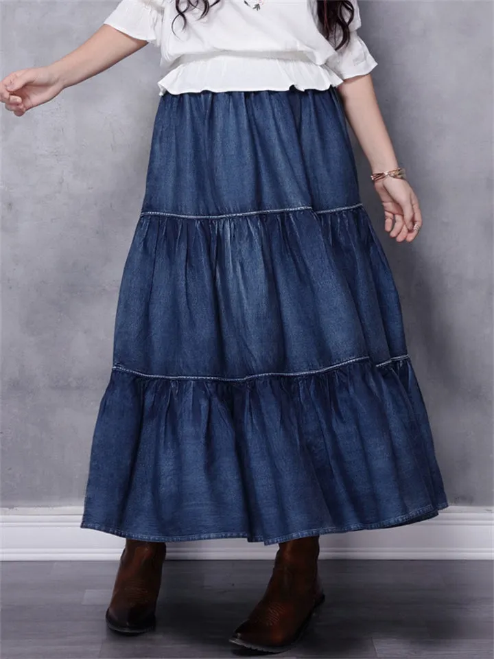 Loose Tiered Skirt Denim Long Skirt