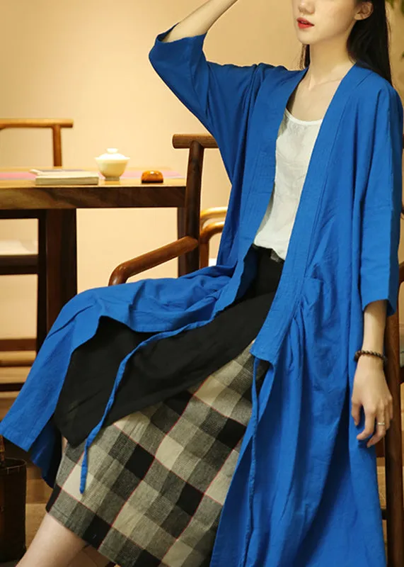 Loose Treasure Blue V Neck Lace Up Patchwork Cotton Coats Fall ML0093