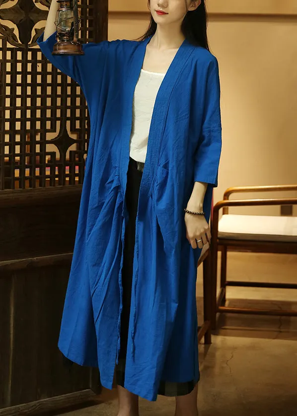Loose Treasure Blue V Neck Lace Up Patchwork Cotton Coats Fall ML0093