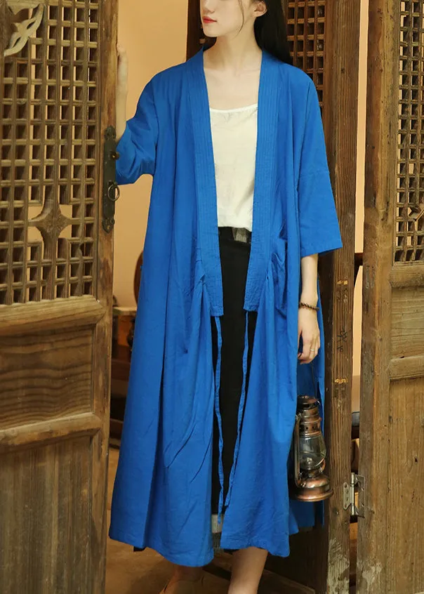Loose Treasure Blue V Neck Lace Up Patchwork Cotton Coats Fall ML0093