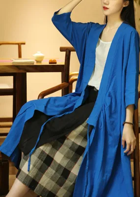 Loose Treasure Blue V Neck Lace Up Patchwork Cotton Coats Fall ML0093