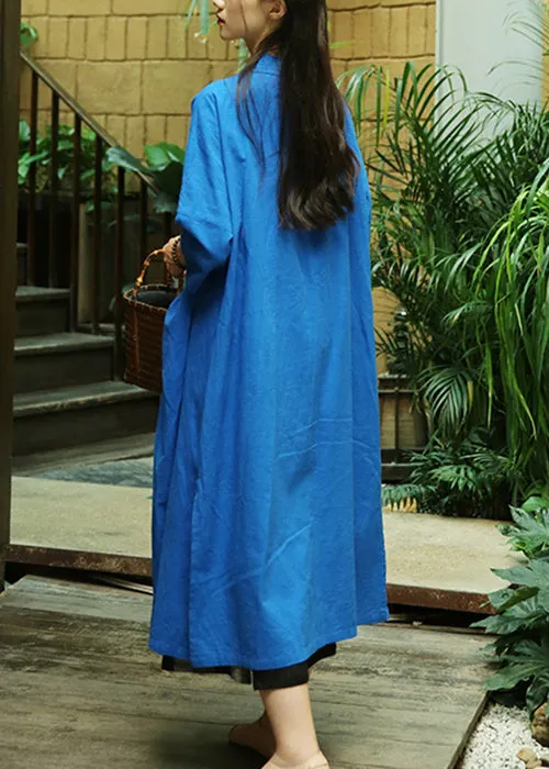 Loose Treasure Blue V Neck Lace Up Patchwork Cotton Coats Fall ML0093