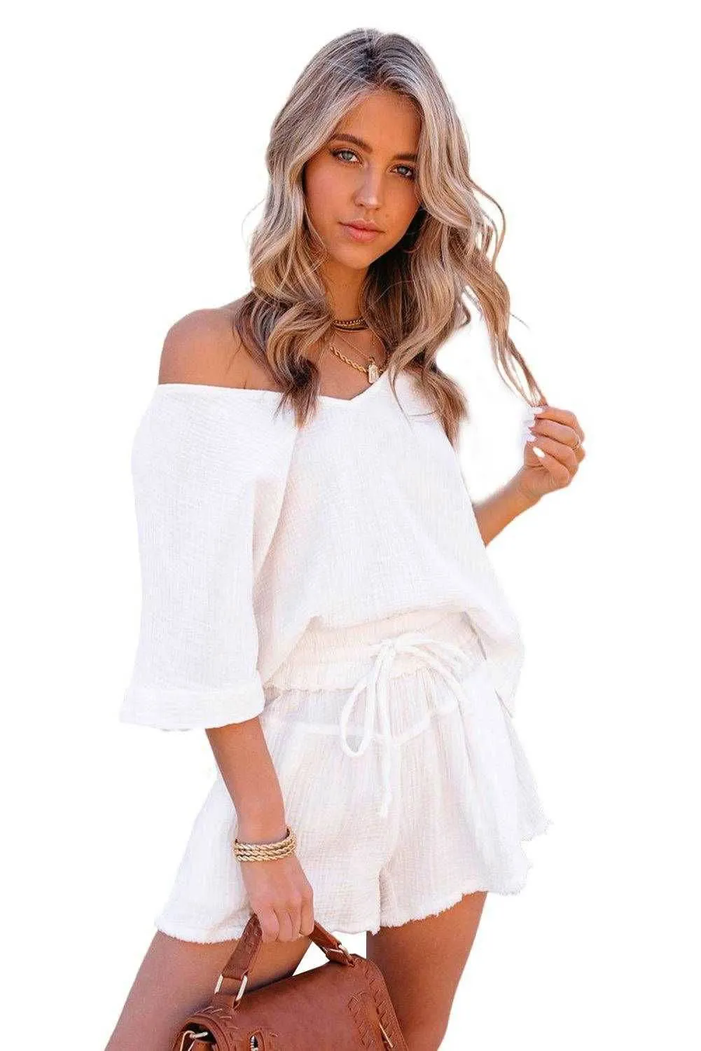 Loose V Neck Blouse Drawstring Raw Hem Shorts Set - Stylish Outfit