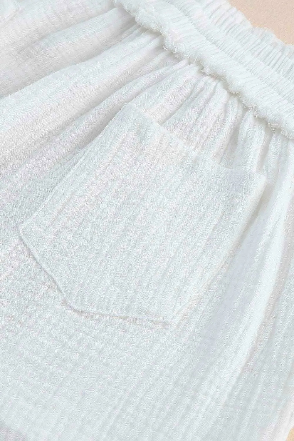 Loose V Neck Blouse Drawstring Raw Hem Shorts Set - Stylish Outfit