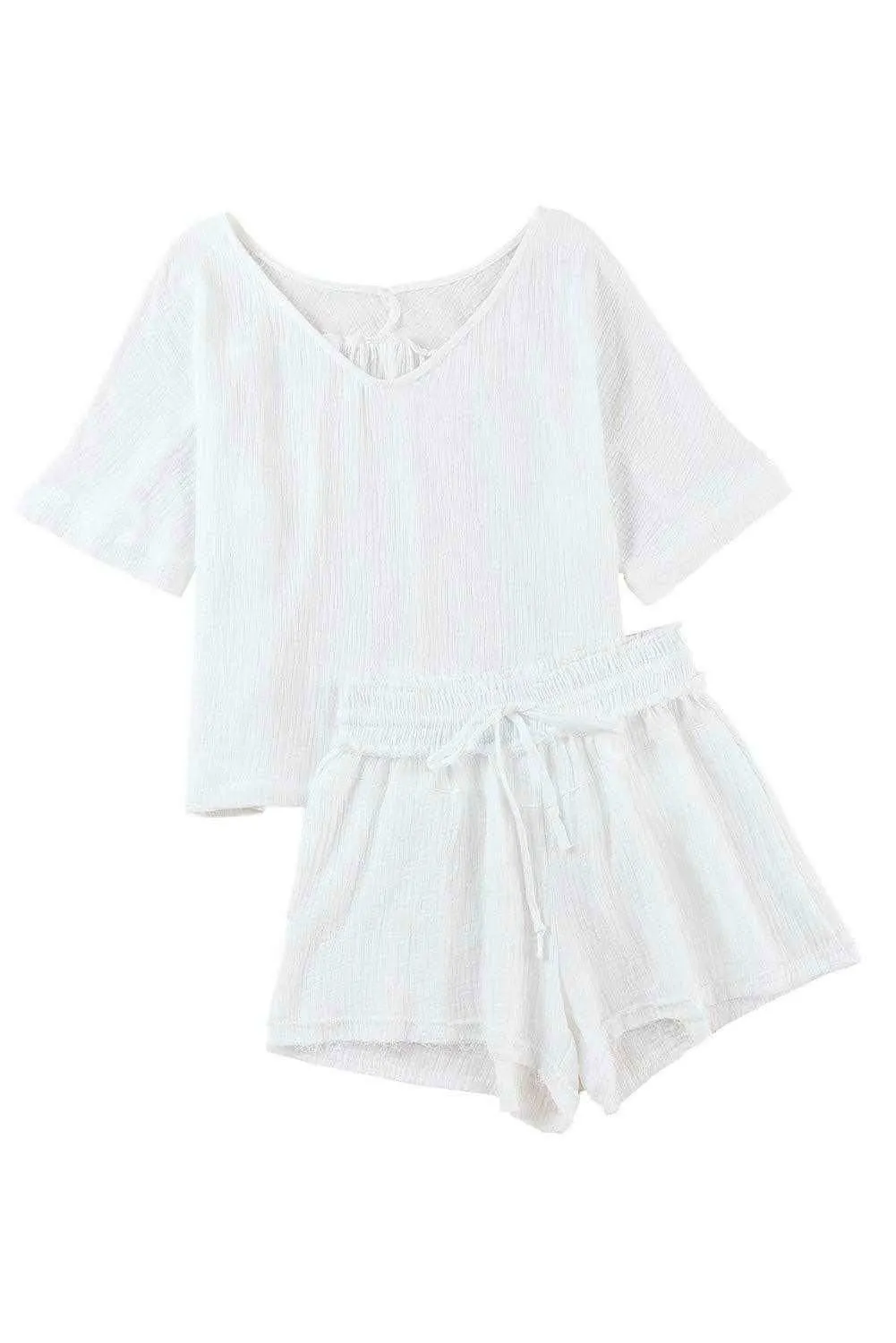 Loose V Neck Blouse Drawstring Raw Hem Shorts Set - Stylish Outfit