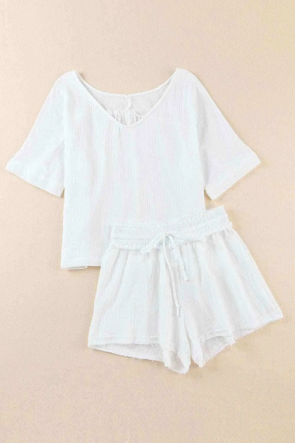 Loose V Neck Blouse Drawstring Raw Hem Shorts Set - Stylish Outfit