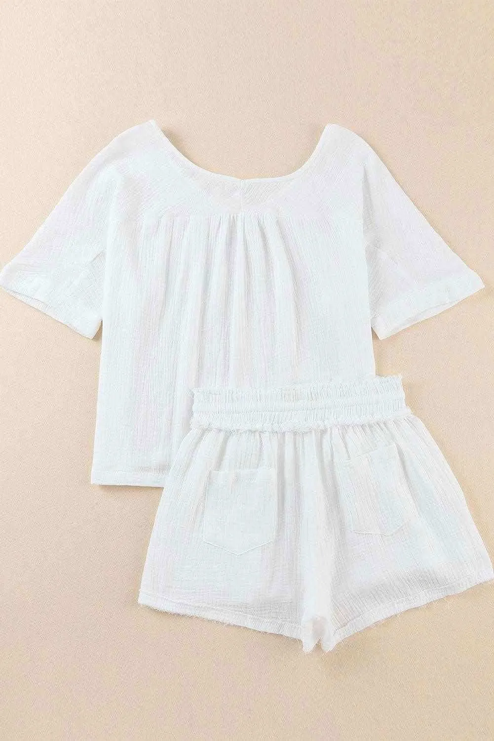 Loose V Neck Blouse Drawstring Raw Hem Shorts Set - Stylish Outfit