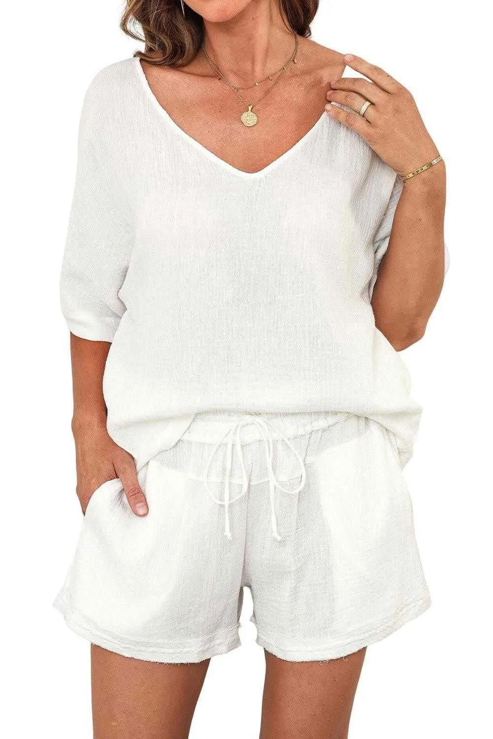 Loose V Neck Blouse Drawstring Raw Hem Shorts Set - Stylish Outfit