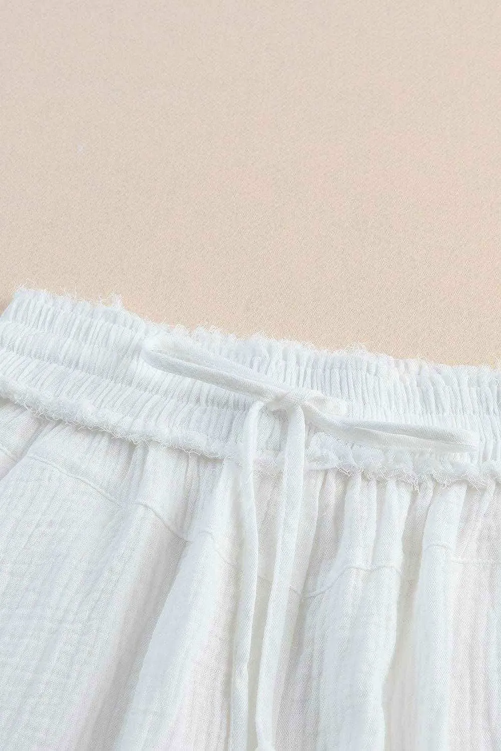 Loose V Neck Blouse Drawstring Raw Hem Shorts Set - Stylish Outfit