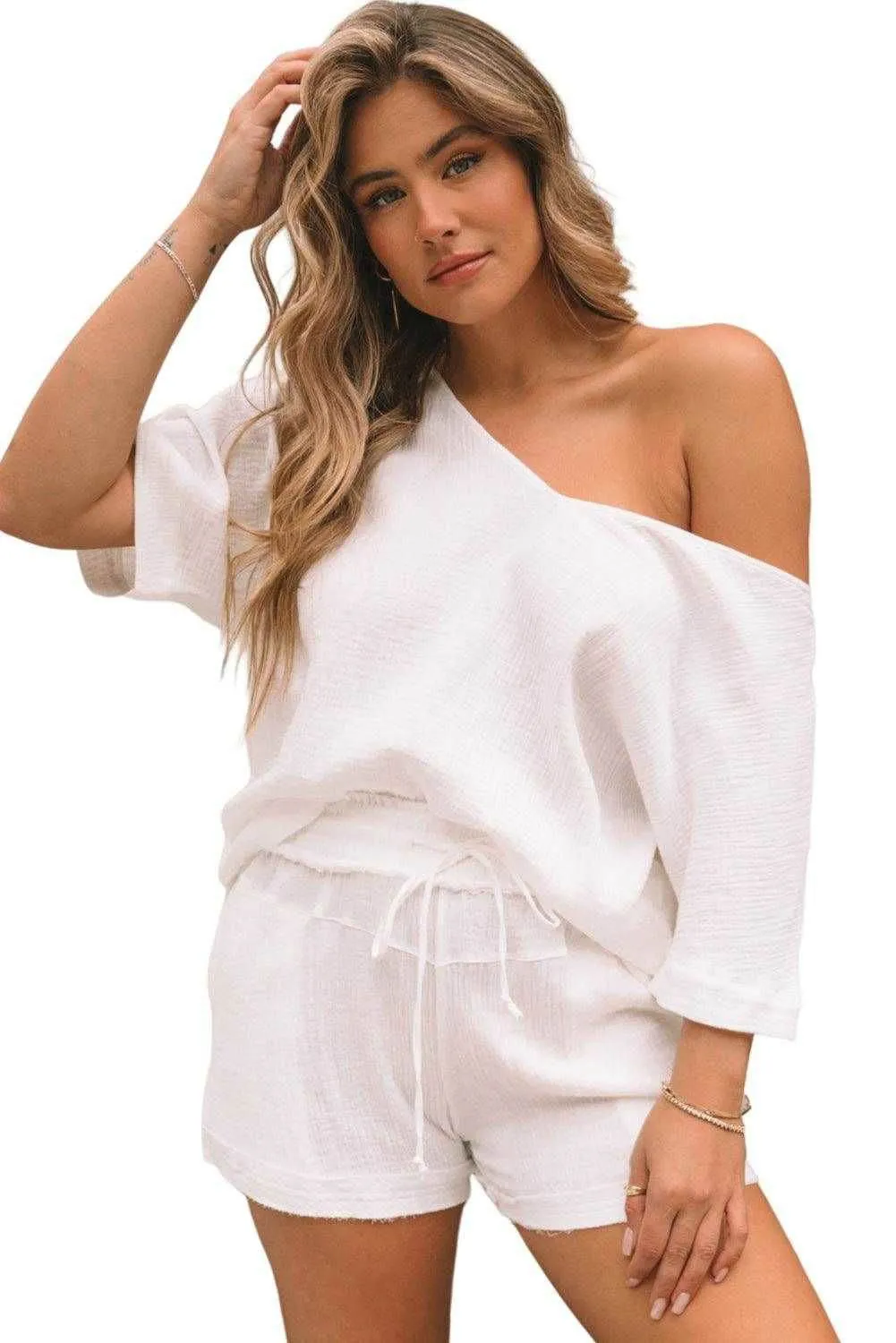 Loose V Neck Blouse Drawstring Raw Hem Shorts Set - Stylish Outfit