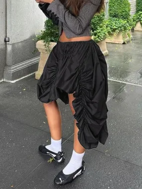 Loose Waist Street Asymmetrical Black High Folds Fashion Mini Skirt