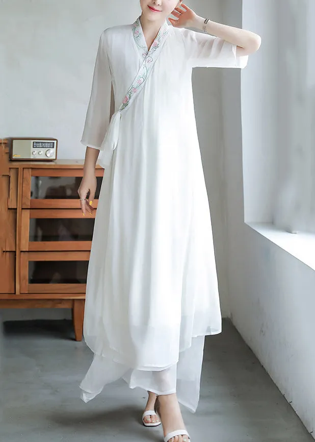Loose White Embroidered Lace Up Chiffon Dresses Flare Sleeve OP1020