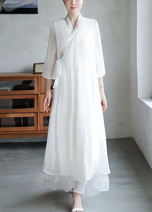 Loose White Embroidered Lace Up Chiffon Dresses Flare Sleeve OP1020