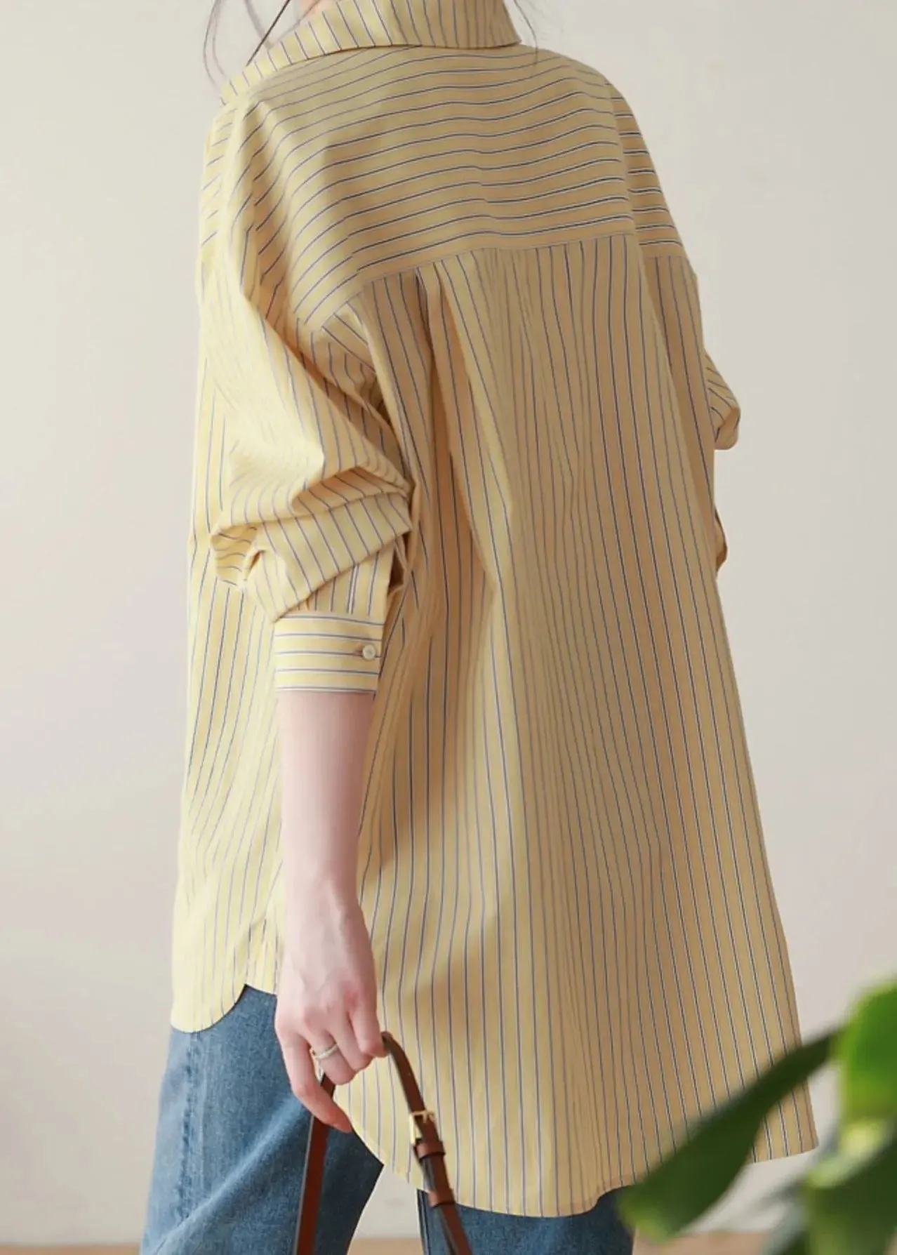 Loose Yellow Striped Button Patchwork Cotton Blouses Fall ML2931